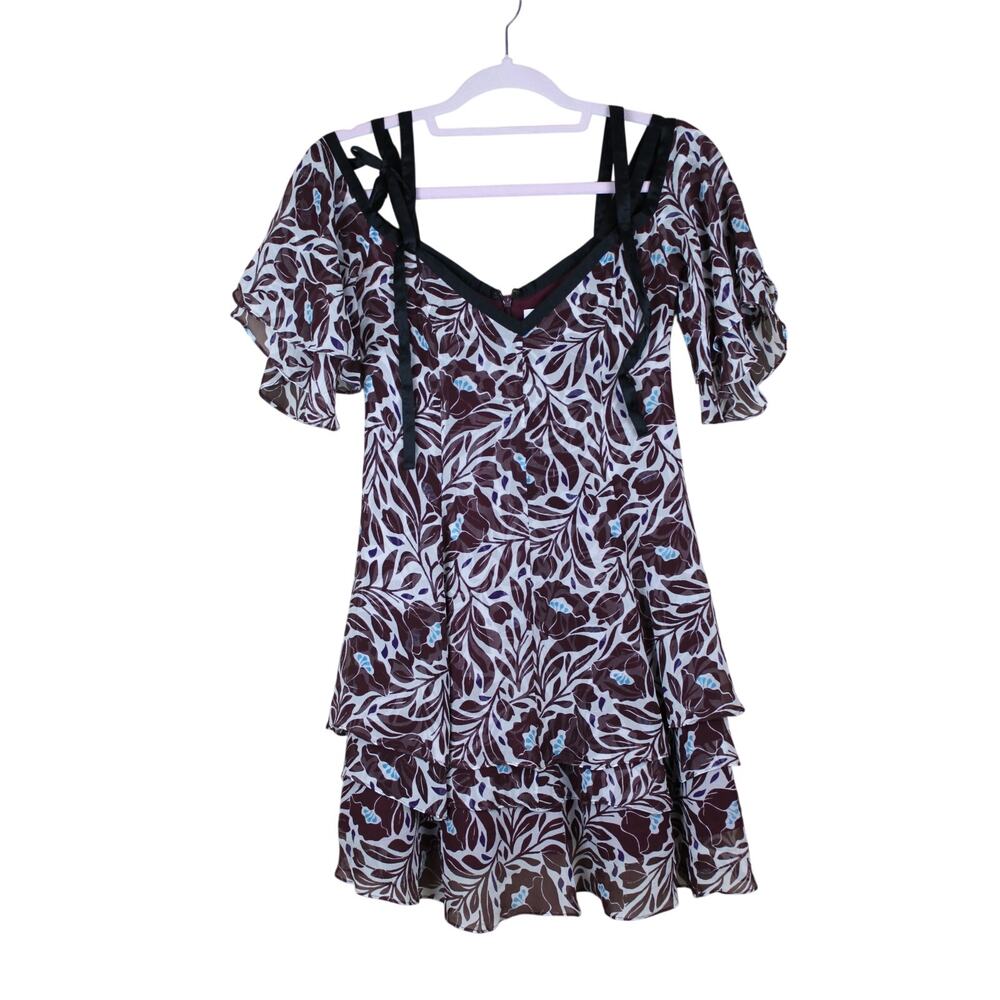 Cinq a Sept Corinna Cold Shoulder Floral‎ Silk Fluttery A-line Dressy Mini Dress